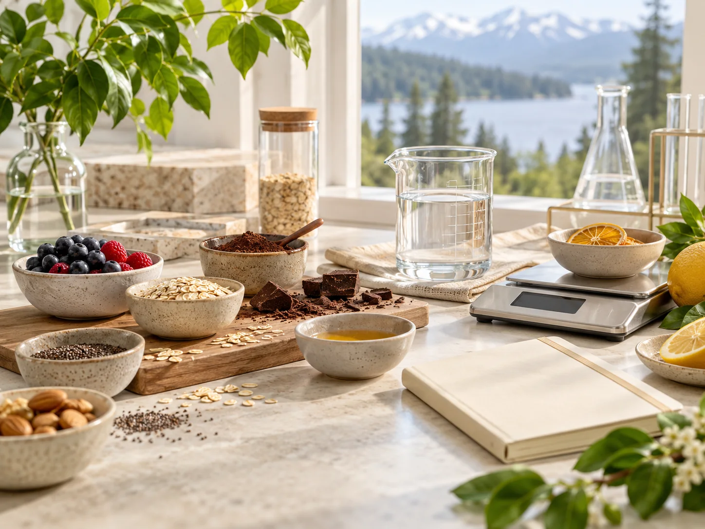 Bright food research workspace with fresh ingredients and notebooks